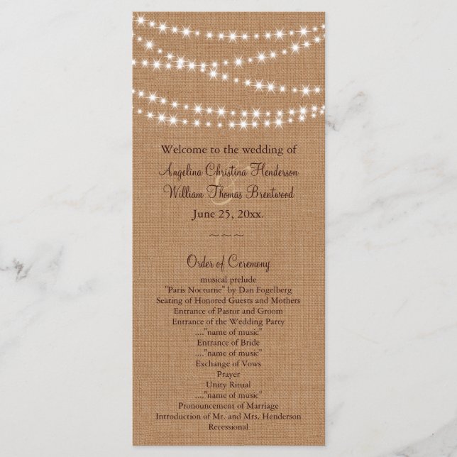 Twinkle Lights on Burlap Wedding Program (Front)