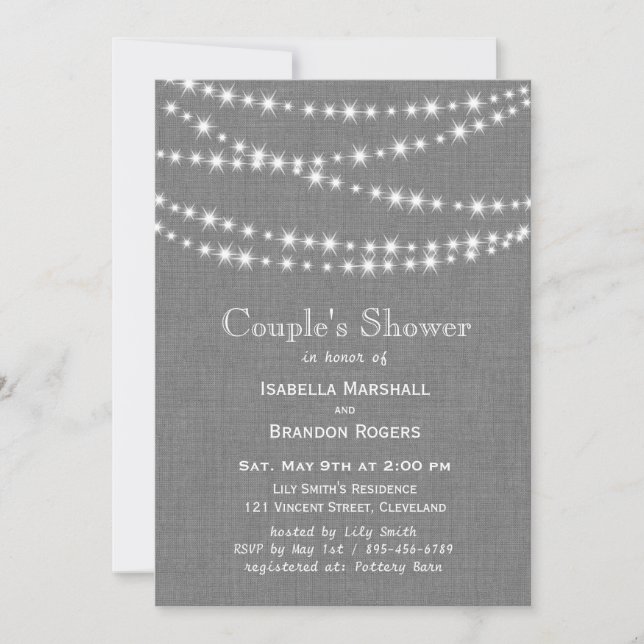 Twinkle Lights on Gray Burlap Couple's Shower Invitation (Front)
