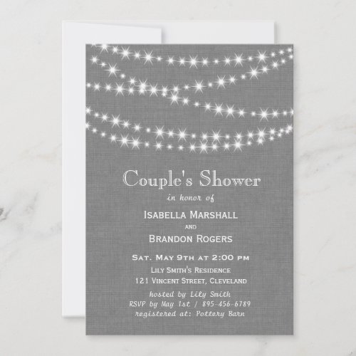 Twinkle Lights on Gray Burlap Couple's Shower Personalized Invitations