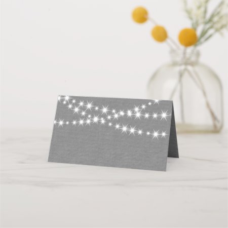 Twinkle Lights On Gray Burlap Folded Place Cards