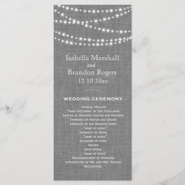 Twinkle Lights on Gray Burlap Wedding Program (Front)