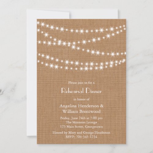 Twinkle Lights Rehearsal Dinner Invite on Burlap