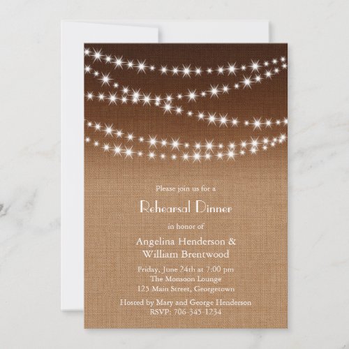 Twinkle Lights Rehearsal Dinner on Shaded Burlap Invite