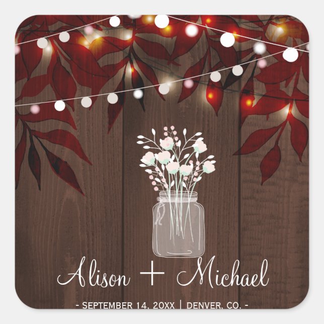 Twinkle lights rustic autumn mason jar wedding square sticker (Front)