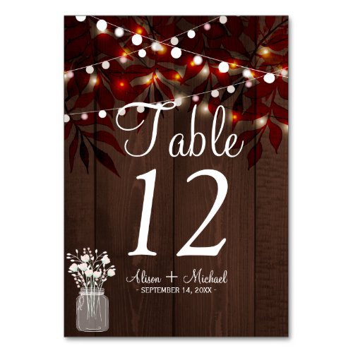 Twinkle lights rustic autumn mason jar wedding table number