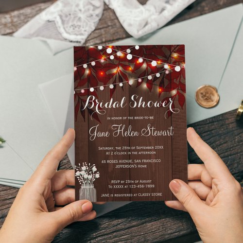 Twinkle lights rustic fall leaves bridal shower invitation