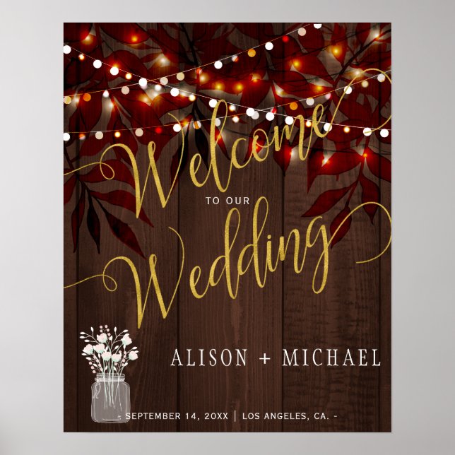 Twinkle lights rustic fall wedding welcome sign (Front)