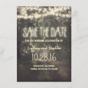 twinkle lights rustic save the date cards