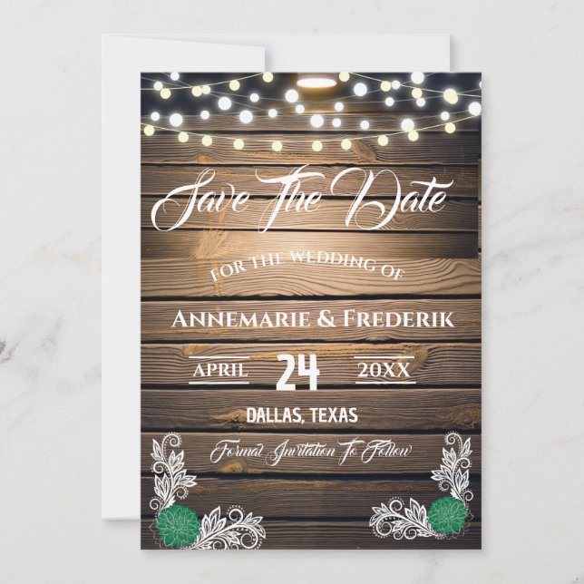 Twinkle Lights Rustic Wood Lace Save The Date (Front)