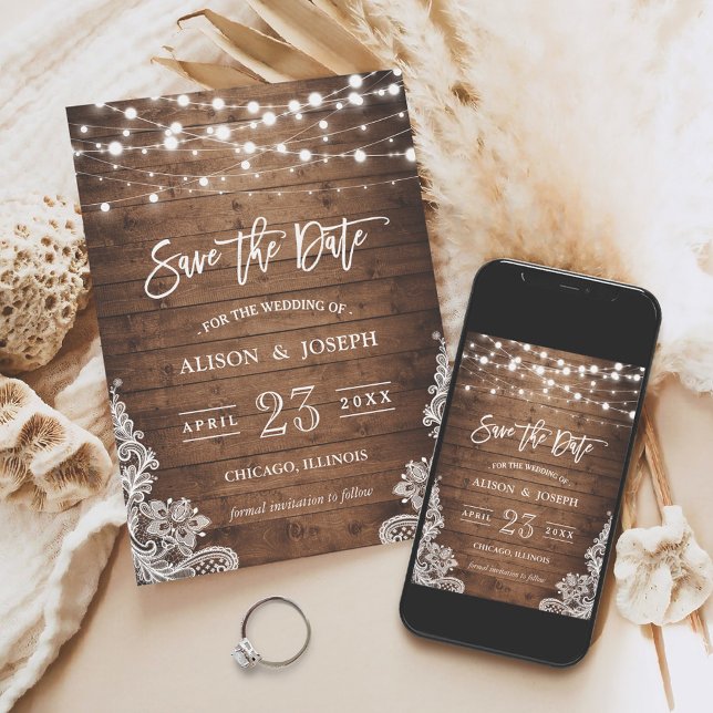 Twinkle Lights Rustic Wood Lace Save The Date (Creator Uploaded)