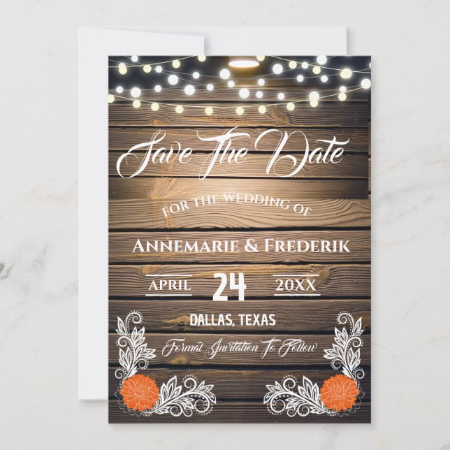 Twinkle Lights Rustic Wood Lace Save The Date (Front)