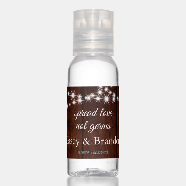 Twinkle Lights Spread Love on Dark Wood Hand Sanitizer (Front)
