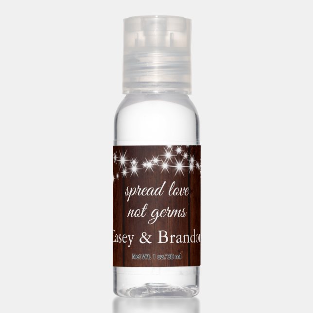 Twinkle Lights Spread Love on Dark Wood Hand Sanitizer (Front)