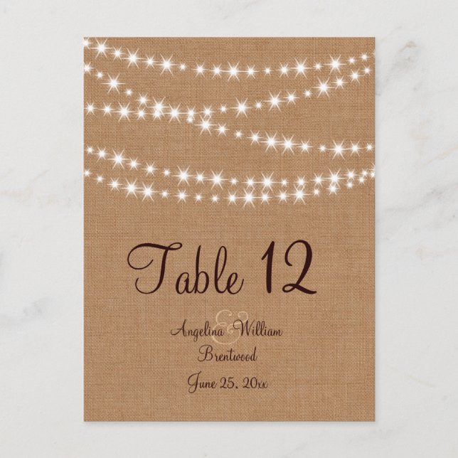 Twinkle Lights Table Number on Burlap (Front)