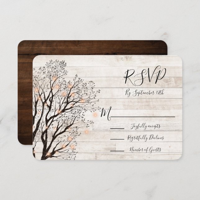 Twinkle Lights Tree Rustic Wood Wedding RSVP Invitation (Front/Back)