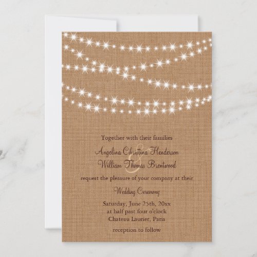Twinkle Lights Wedding Invitation on Burlap