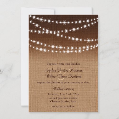 Twinkle Lights Wedding Invitation on Shaded Burlap