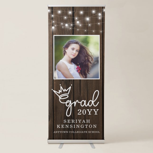 Twinkle Lights Wood Graduation Photo Retractable Banner (Front)