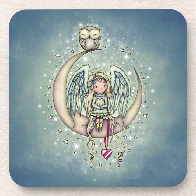 Twinkle Little Angel and Owl Illustrated Art Beverage Coaster (Front)