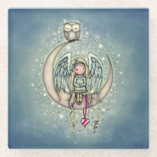Twinkle Little Angel and Owl Illustrated Art Glass Coaster