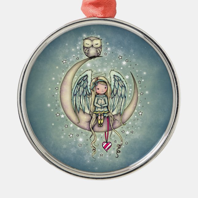 Twinkle Little Angel and Owl Illustrated Art Metal Ornament (Front)