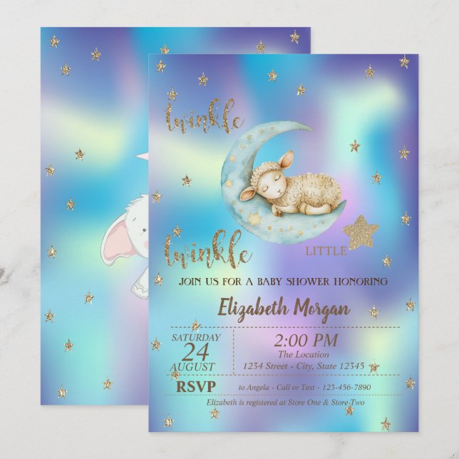 Twinkle Little Sheep Star  Holographic Baby Shower Invitation (Front/Back)