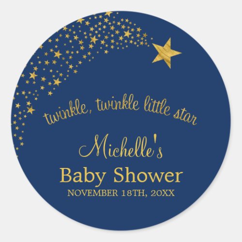 Twinkle Little Shooting Star Navy Gold Baby Shower Classic Round Sticker