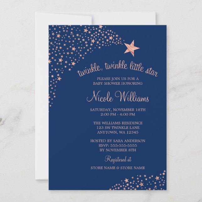 Twinkle Little Shooting Star Navy Rose Baby Shower Invitation (Front)