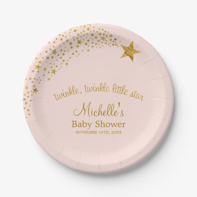 Twinkle Little Shooting Star Pink Gold Baby Shower Paper Plates (Front)