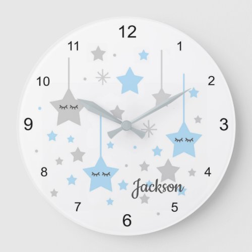 Twinkle Little Sleepy Eyes Blue Stars Baby Boy Large Clock