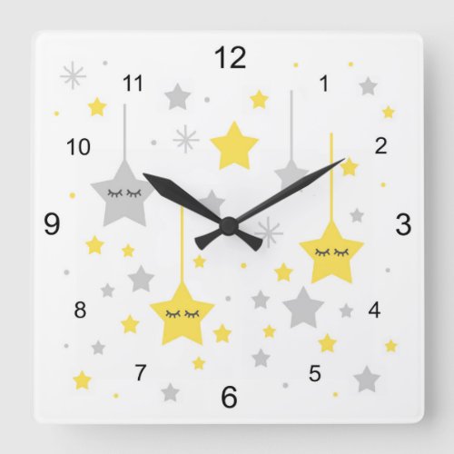 Twinkle Little Sleepy Eyes Yellow Stars Baby Square Wall Clock