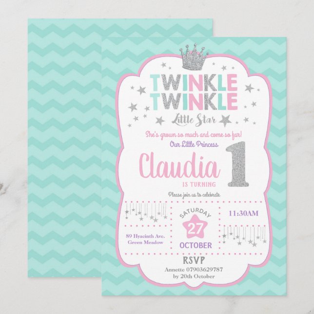 Twinkle Little Star 1st Birthday Princess Invitation (Front/Back)