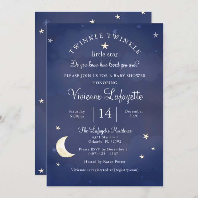Twinkle Little Star and Moon Dark Blue Baby Shower Invitation (Front/Back)