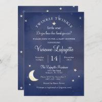 Twinkle Little Star and Moon Dark Blue Baby Shower Invitation