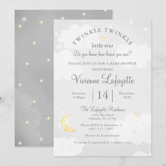 Twinkle Little Star and Moon Gray Baby Shower Invitation (Front/Back)