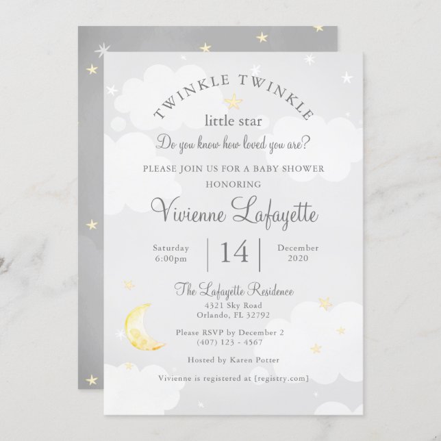 Twinkle Little Star and Moon Gray Baby Shower Invitation (Front/Back)