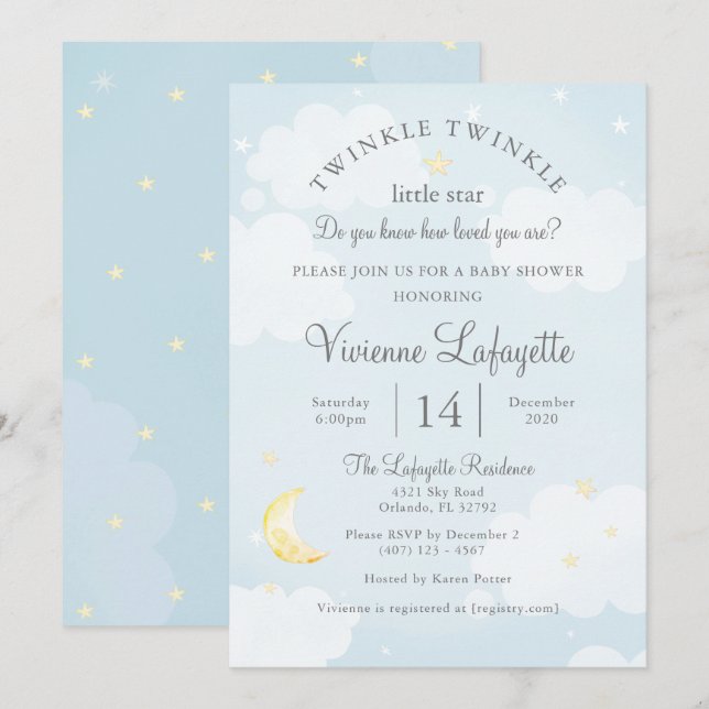 Twinkle Little Star and Moon Sky Blue Baby Shower Invitation (Front/Back)