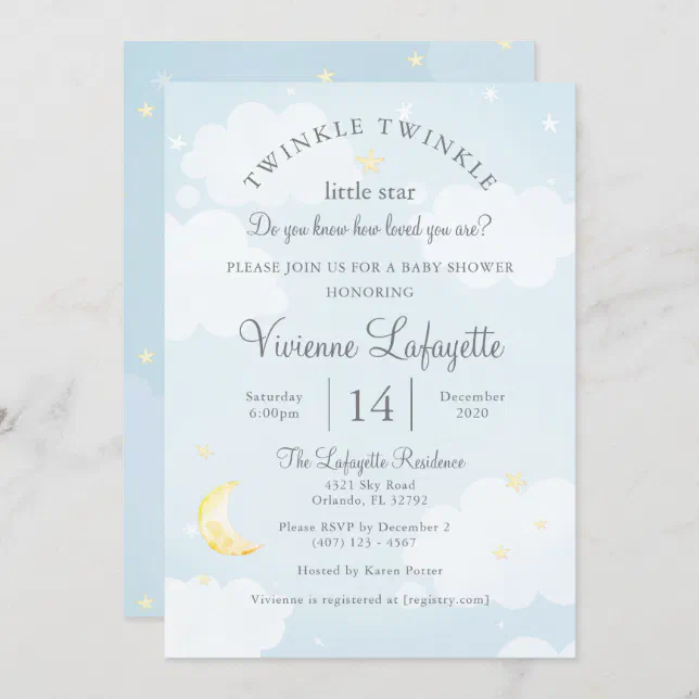 Twinkle Little Star and Moon Sky Blue Baby Shower Invitation | Zazzle