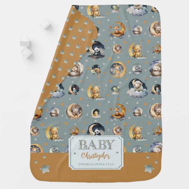 Twinkle Little Star Animal Pattern Boy Baby Name Baby Blanket (In Situ)
