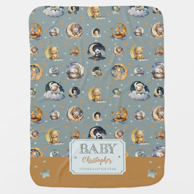 Twinkle Little Star Animal Pattern Boy Baby Name Blanket (Front)