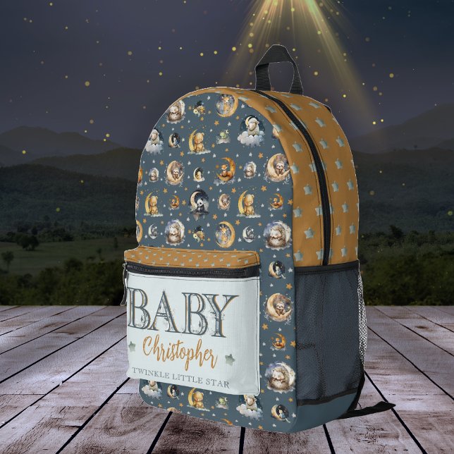 Twinkle Little Star Animal Pattern Boy Baby Name Printed Backpack (Twinkle Little Star Animal and Stars Pattern Boy Name "Baby" Diaper Bag | Backpack - Dark Dusky Blue)