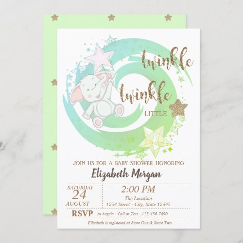 Twinkle Little StarBaby Bear Green Baby Shower Invitation