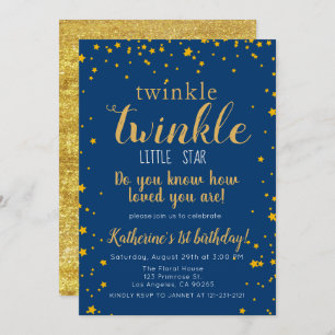 Twinkle Little Star Baby Blue & Gold 1st Birthday Invitation