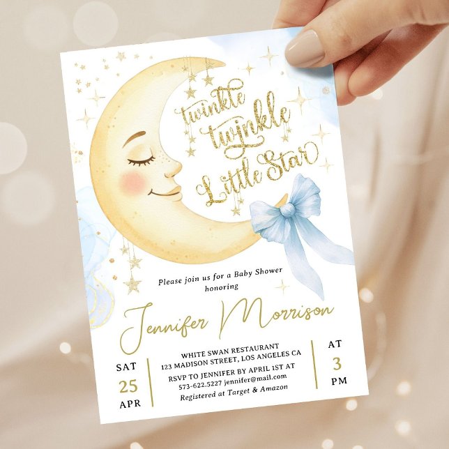 Twinkle Little Star Baby Shower Boy Blue Bow Moon Invitation (Creator Uploaded)
