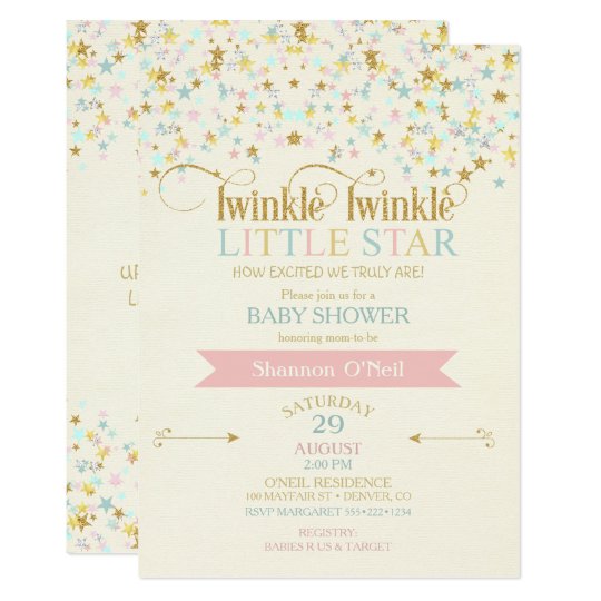 Twinkle Little Star Baby Shower Gold Aqua Pink Invitation Zazzle Com