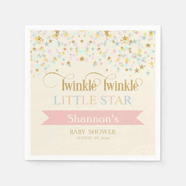 Twinkle Little Star Baby Shower Gold Aqua Pink Paper Napkins (Front)