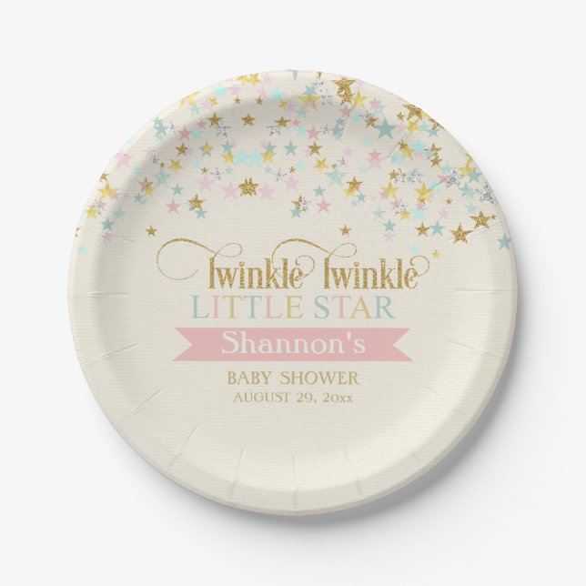 Twinkle Little Star Baby Shower Gold Aqua Pink Paper Plates (Front)