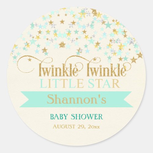 Twinkle Little Star Baby Shower Mint Green  Gold Classic Round Sticker