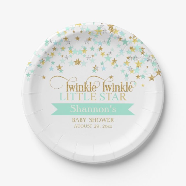 Twinkle Little Star Baby Shower Mint Green Paper Plates (Front)