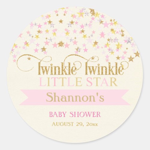 Twinkle Little Star Baby Shower Pink Gold Creme Classic Round Sticker